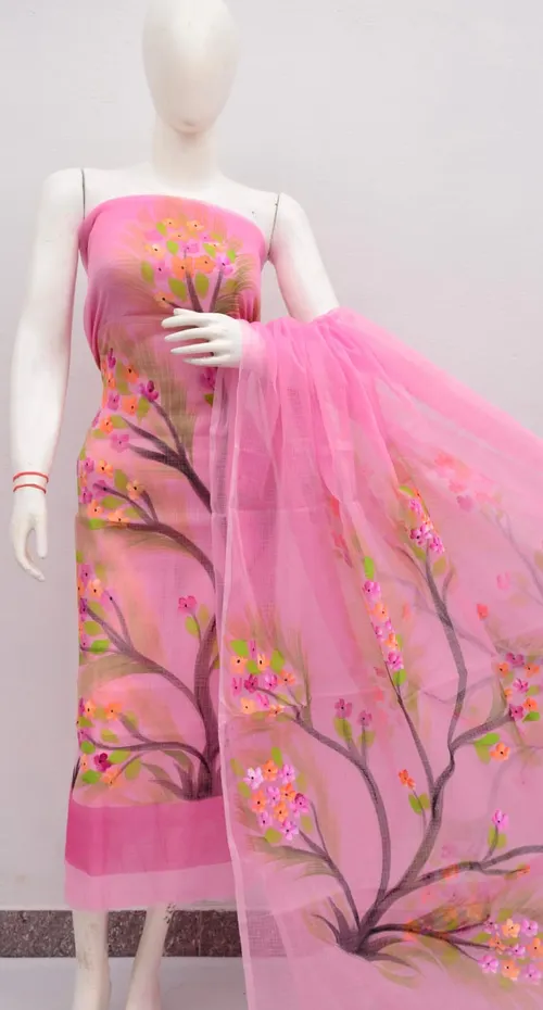 Graceful Kota Doria Dress Material with Hand Brush Print Work – Lightweight Elegance in Every Thread